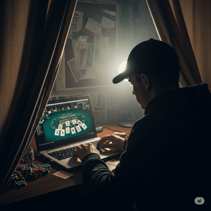 crie uma imagem real para meu artigo com esse titulo: O Fenômeno das Bets: Entre a Ilusão de Controle e os Riscos Reais (alguem jogando cassino online escondido por exemplo)